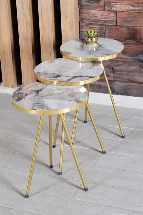 Oval Coffee & Nesting Table Set Gold Metal Legs - White Marble Effect Gold