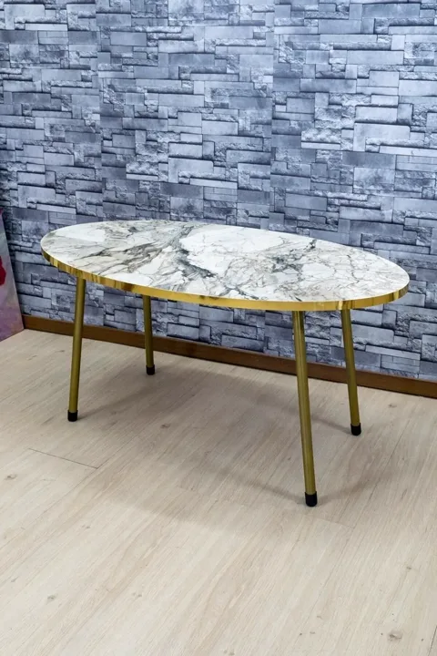 Oval Coffee & Nesting Table Set Gold Metal Legs - White Marble Effect Gold