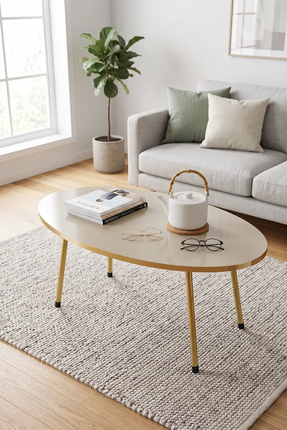 Table basse ovale pieds en métal doré - crème
