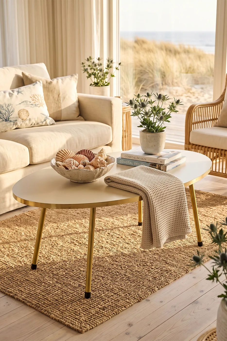 Table basse ovale pieds en métal doré - crème