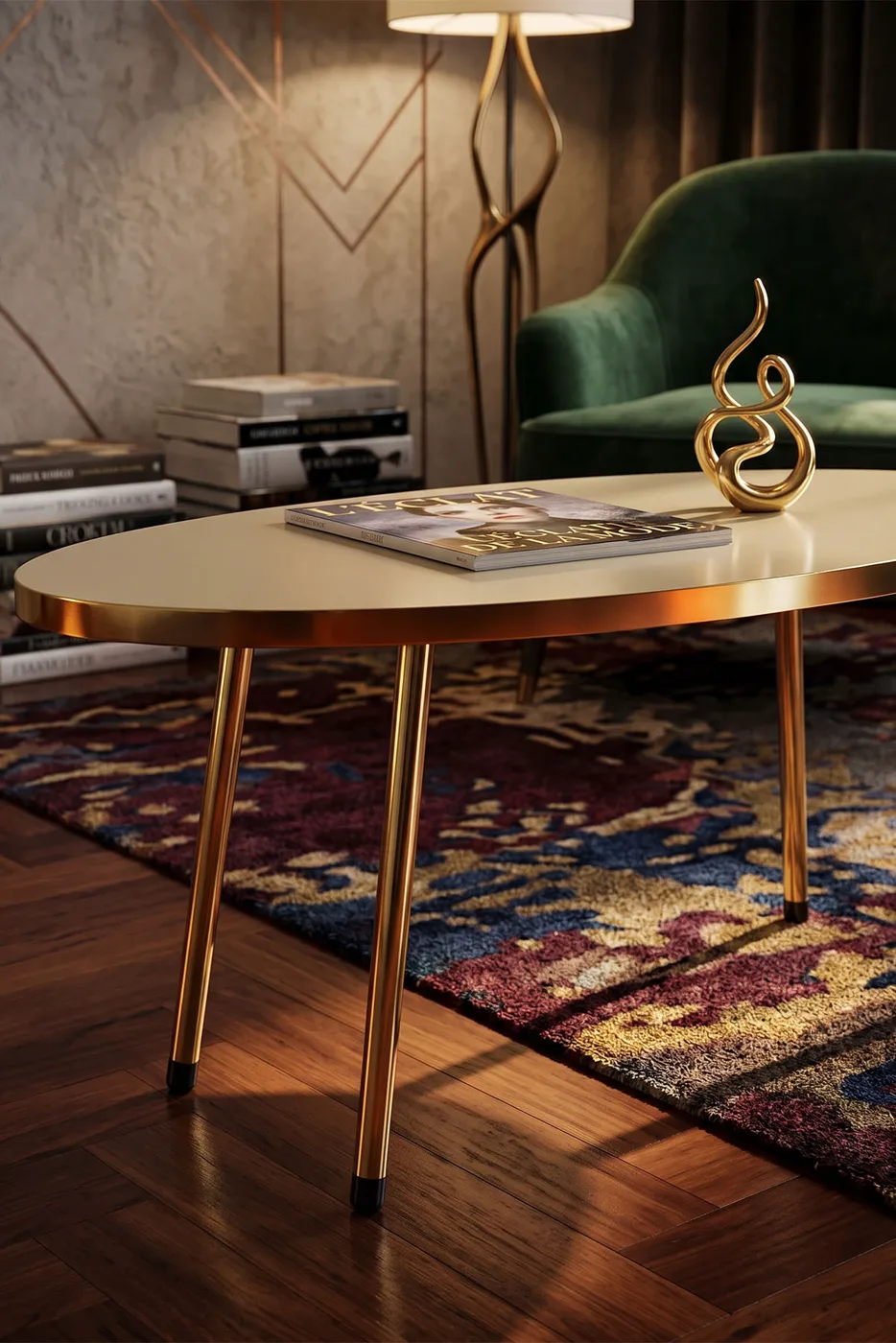 Table basse ovale pieds en métal doré - crème