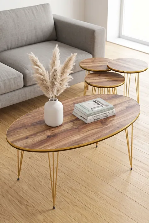 Ensemble de tables rondes 4 pièces à pieds filaires dorés - noyer