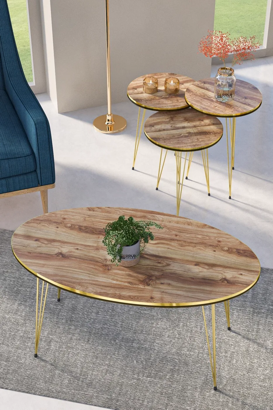 Round 4-Piece Table Set Gold Wire Legs - Walnut