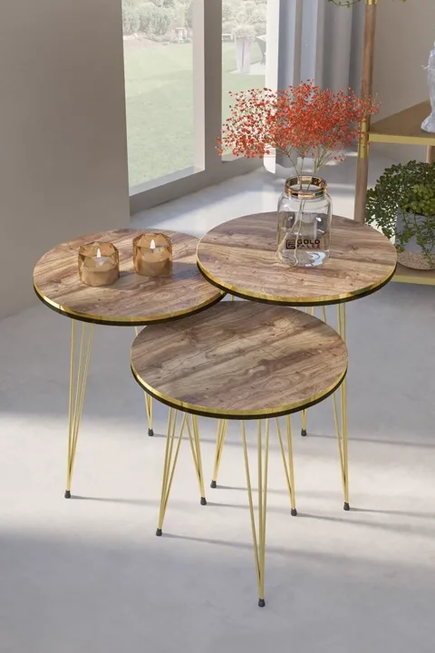 Round 4-Piece Table Set Gold Wire Legs - Walnut