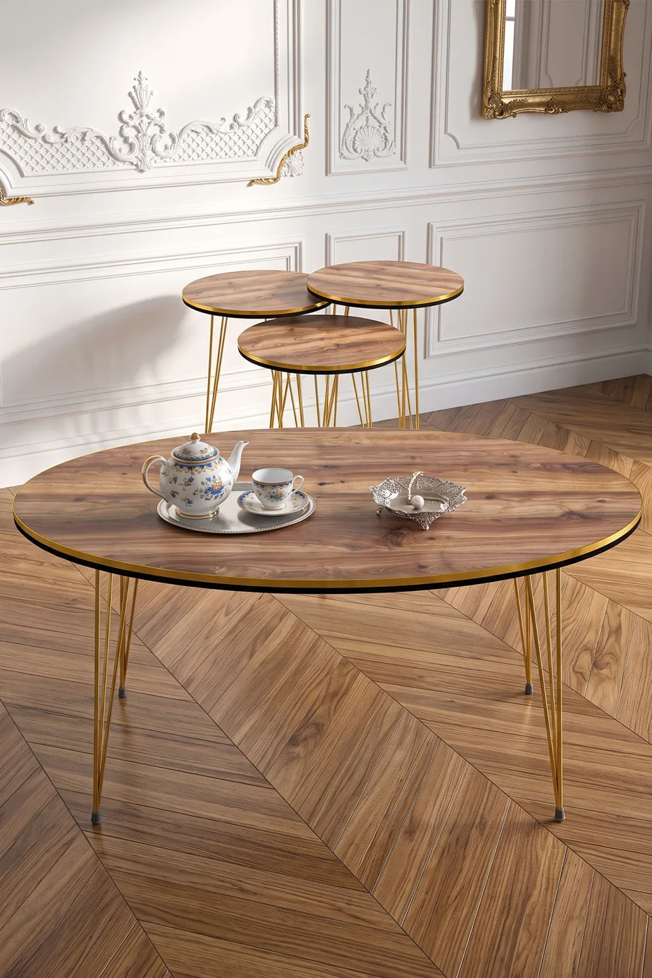 Ensemble de tables rondes 4 pièces à pieds filaires dorés - noyer