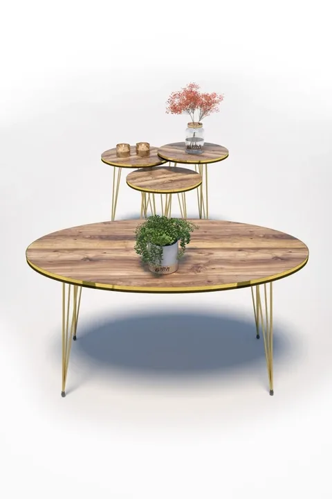 Round 4-Piece Table Set Gold Wire Legs - Walnut