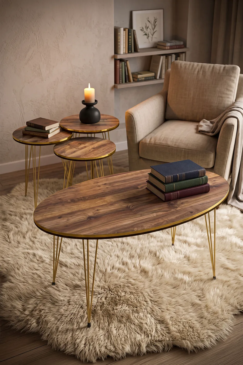 Ensemble de tables rondes 4 pièces à pieds filaires dorés - noyer
