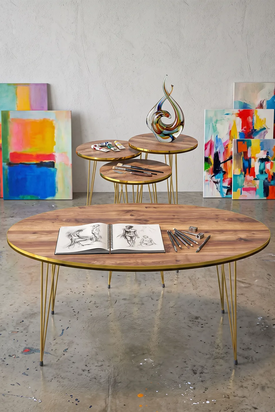 Ensemble de tables rondes 4 pièces à pieds filaires dorés - noyer