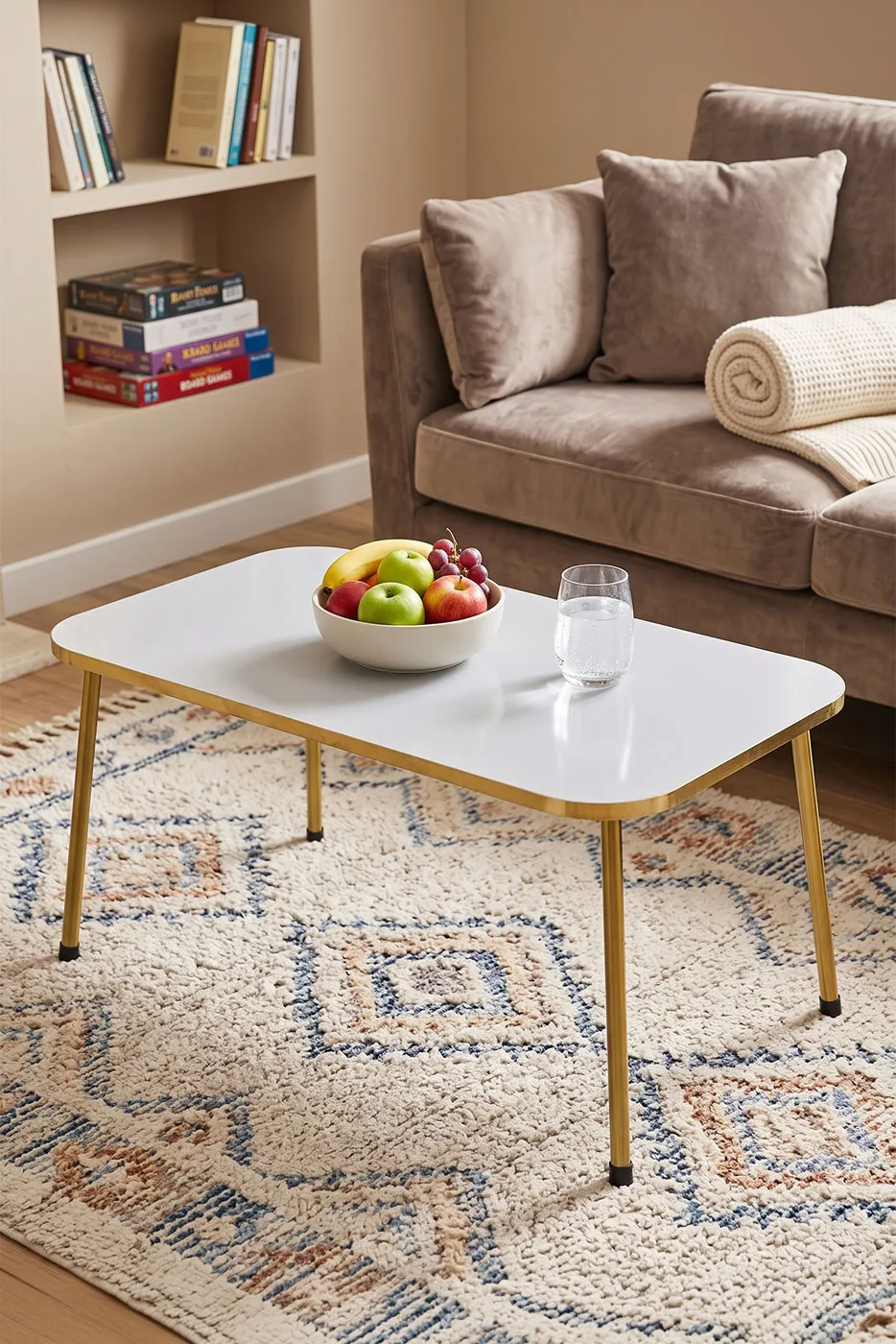 Rectangular Coffee Table Gold Metal Legs - White