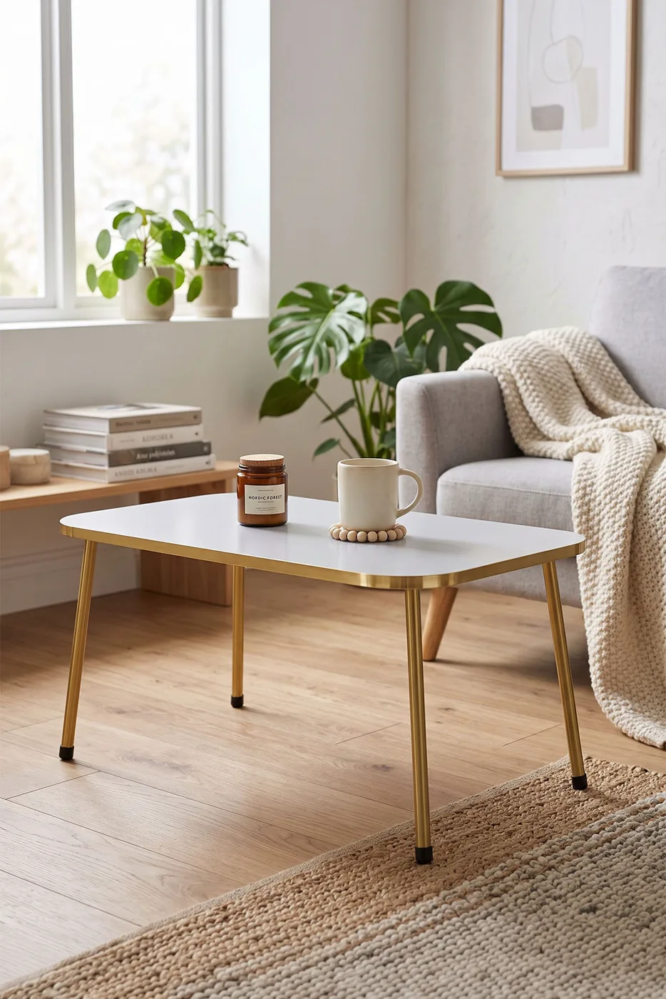 Rectangular Coffee Table Gold Metal Legs - White