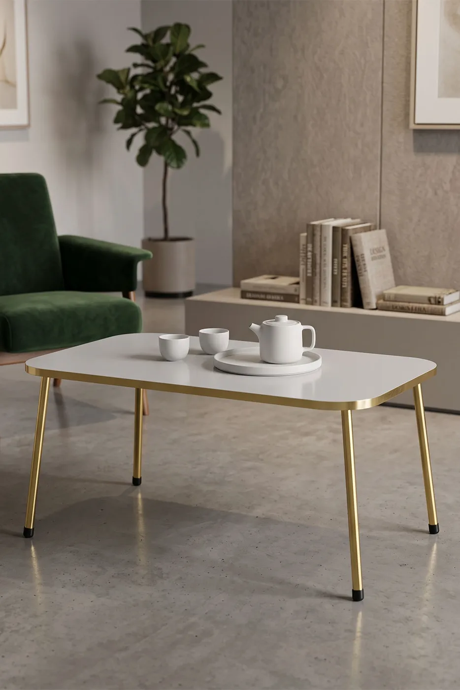 Rectangular Coffee Table Gold Metal Legs - White