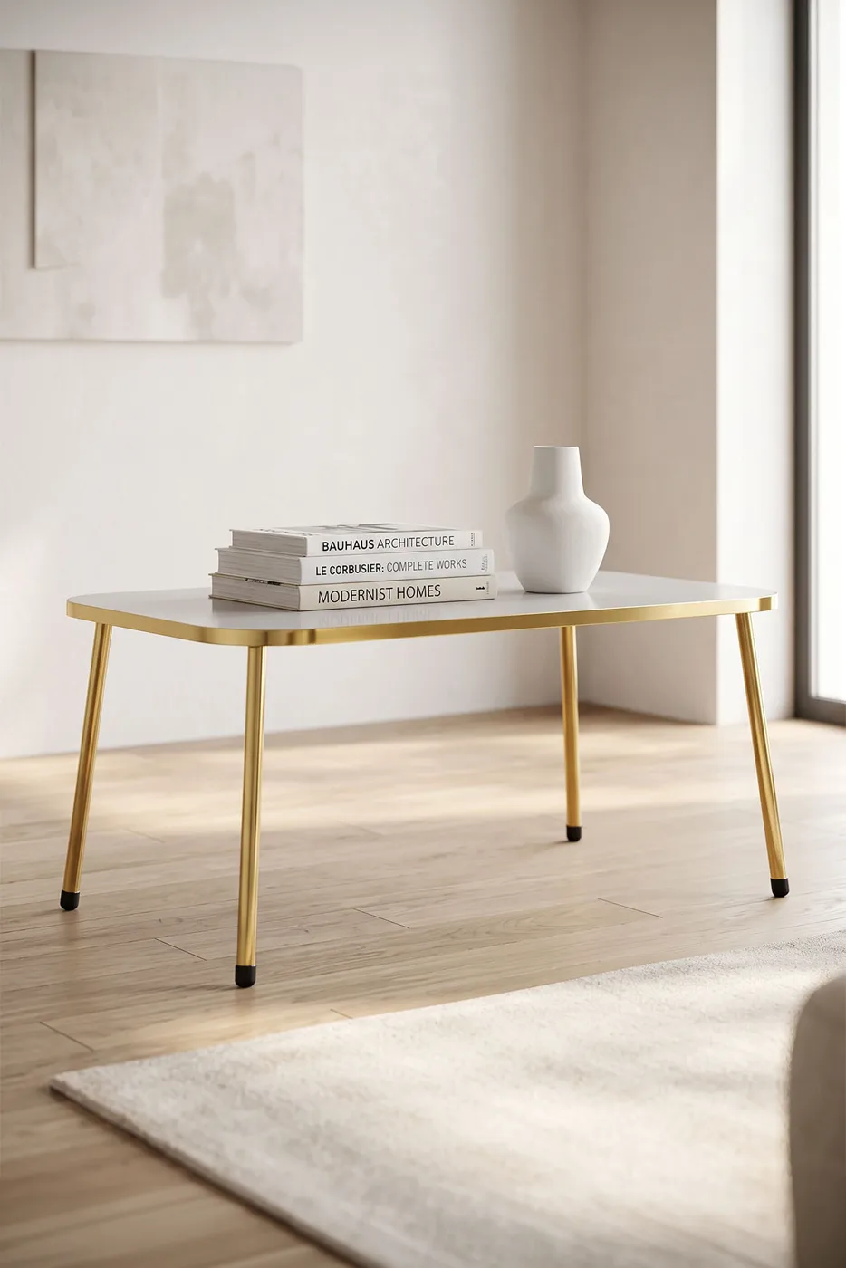 Rectangular Coffee Table Gold Metal Legs - White