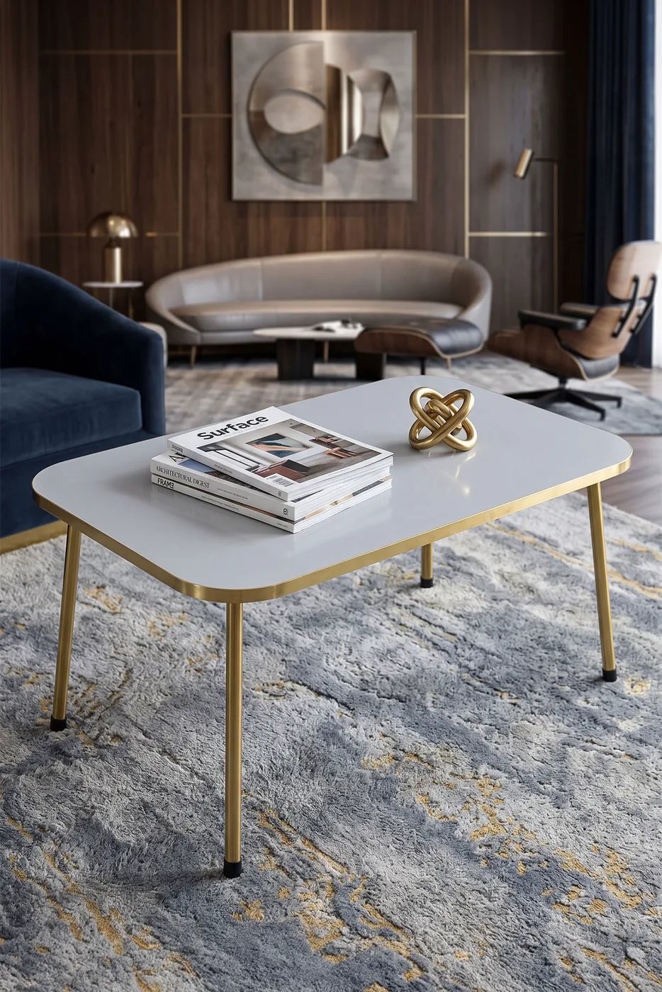 Rectangular Coffee Table Gold Metal Legs - White
