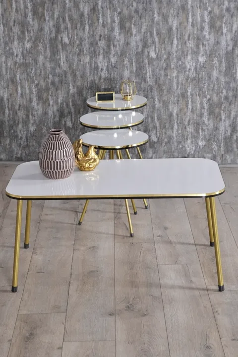 Couchtisch- & Satztisch-Set, rechteckig, goldfarbene Metallbeine - Weiß Marmoroptik