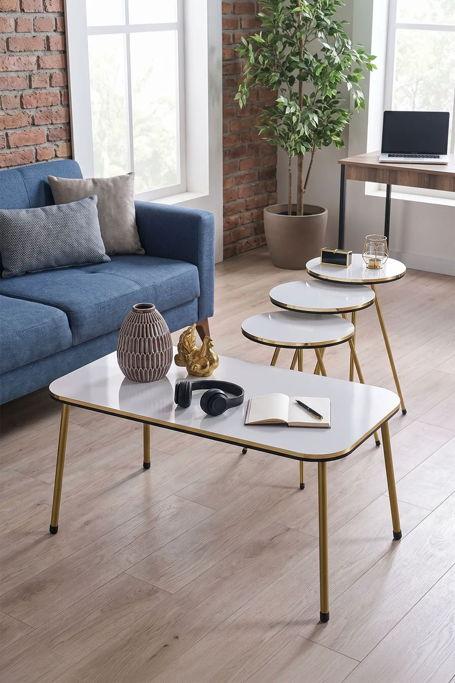 Rectangular Coffee & Nesting Table Set Gold Metal Legs - White Marble Effect
