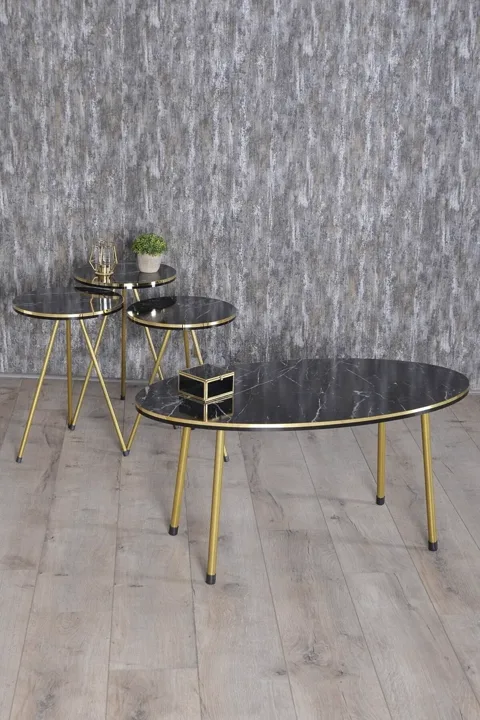 Oval Coffee & Nesting Table Set Gold Metal Legs - Black Marble Effect