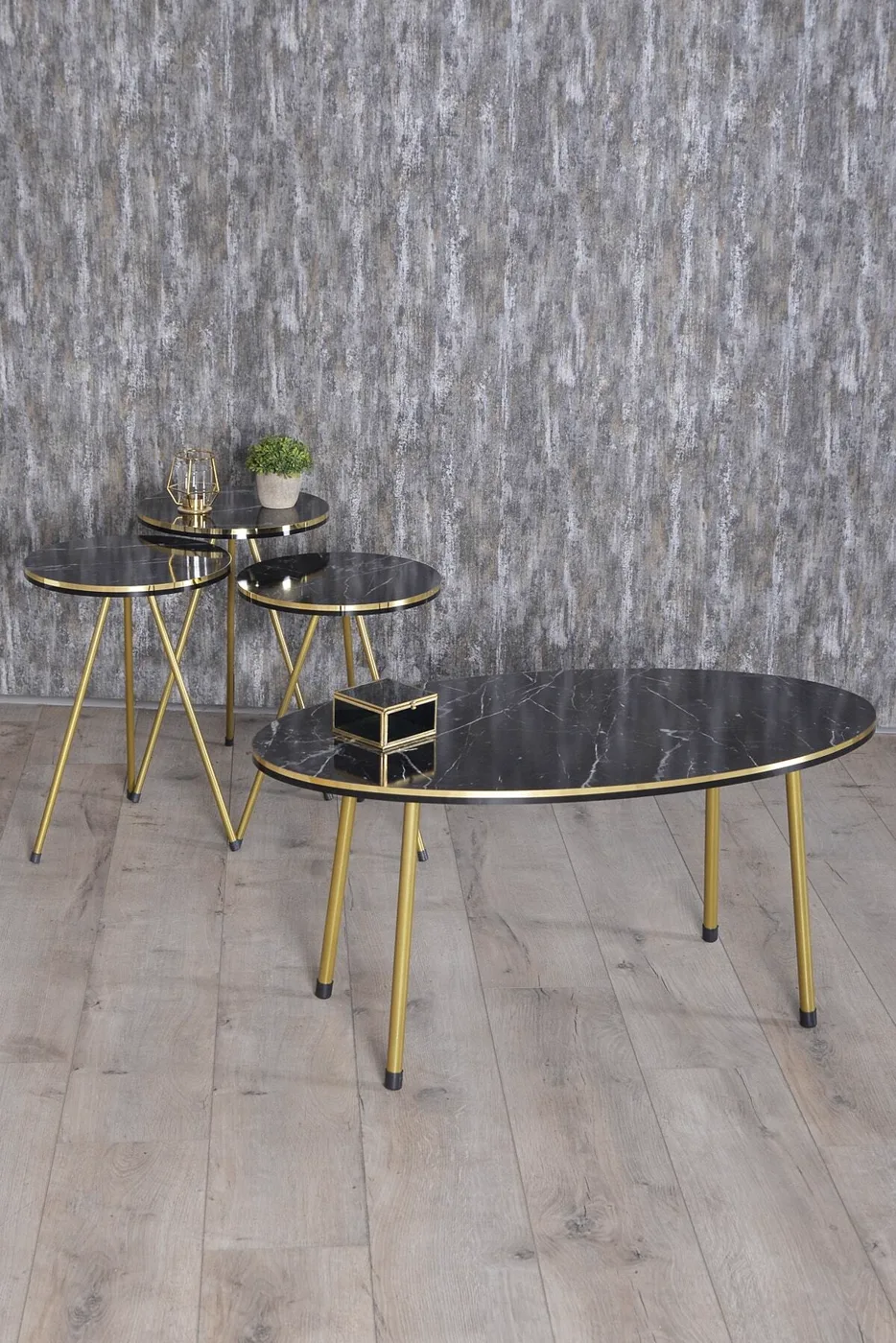 Oval Coffee & Nesting Table Set Gold Metal Legs - Black Marble Effect