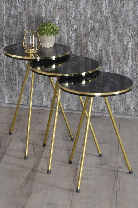 Oval Coffee & Nesting Table Set Gold Metal Legs - Black Marble Effect