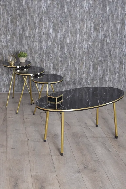 Oval Coffee & Nesting Table Set Gold Metal Legs - Black Marble Effect