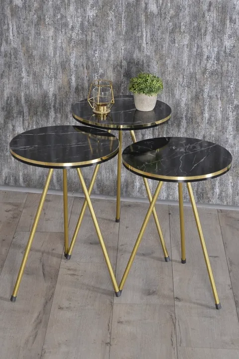 Oval Coffee & Nesting Table Set Gold Metal Legs - Black Marble Effect