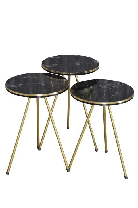Oval Coffee & Nesting Table Set Gold Metal Legs - Black Marble Effect