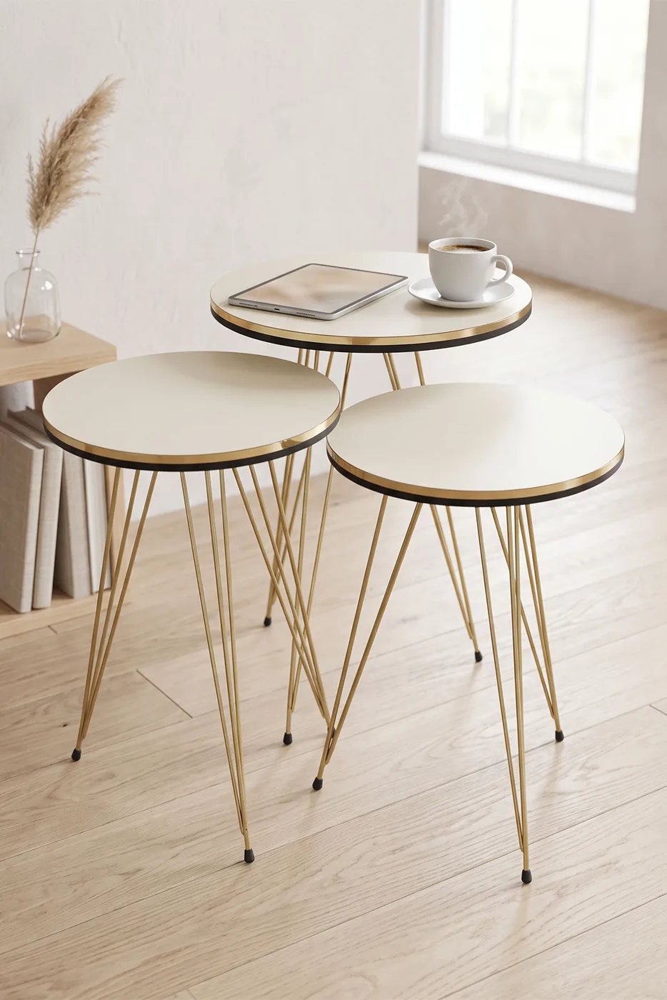 Round Nesting Table Set Gold Wire Legs - Cream