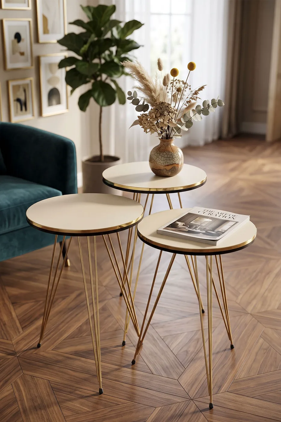 Round Nesting Table Set Gold Wire Legs - Cream