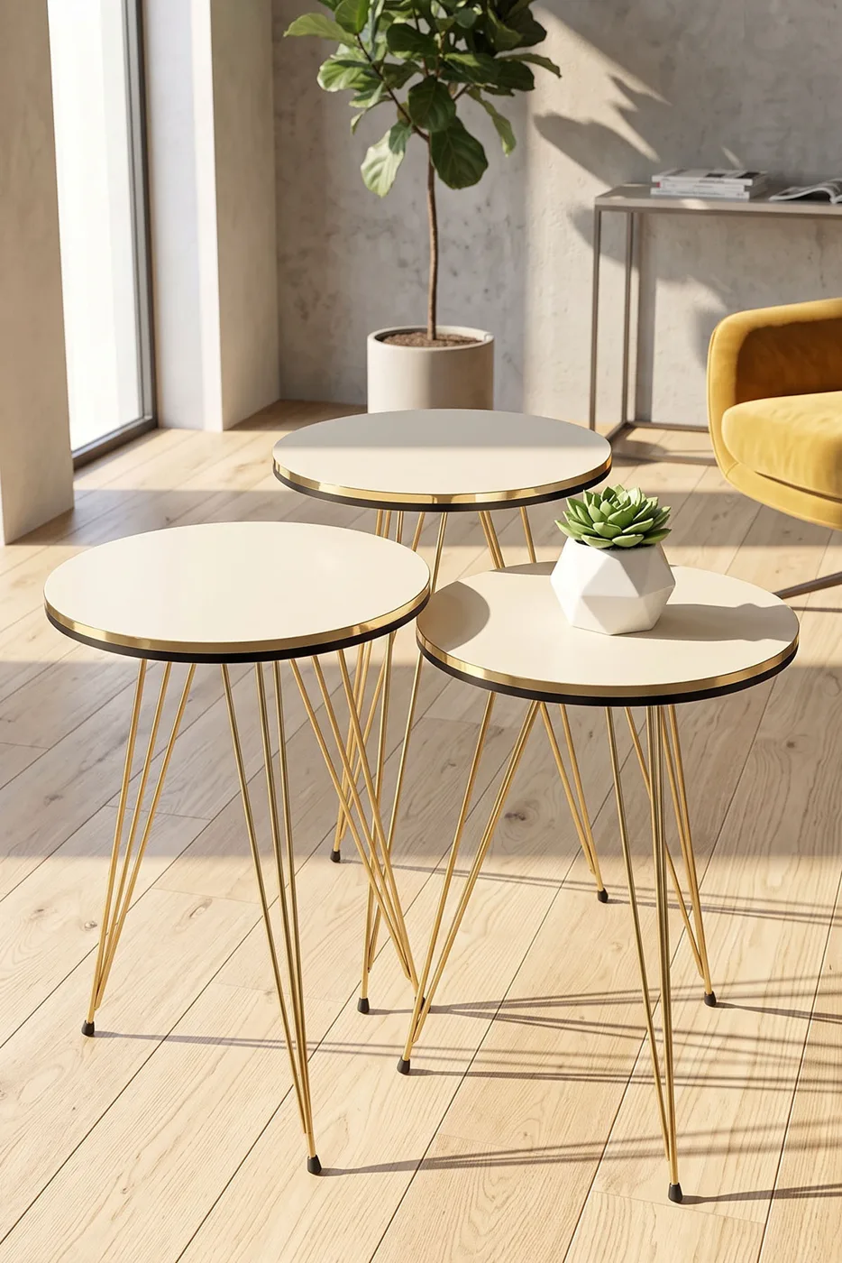 Round Nesting Table Set Gold Wire Legs - Cream