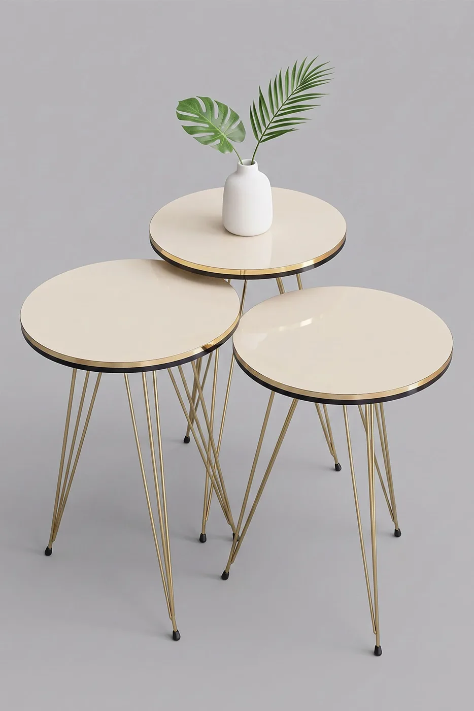 Round Nesting Table Set Gold Wire Legs - Cream