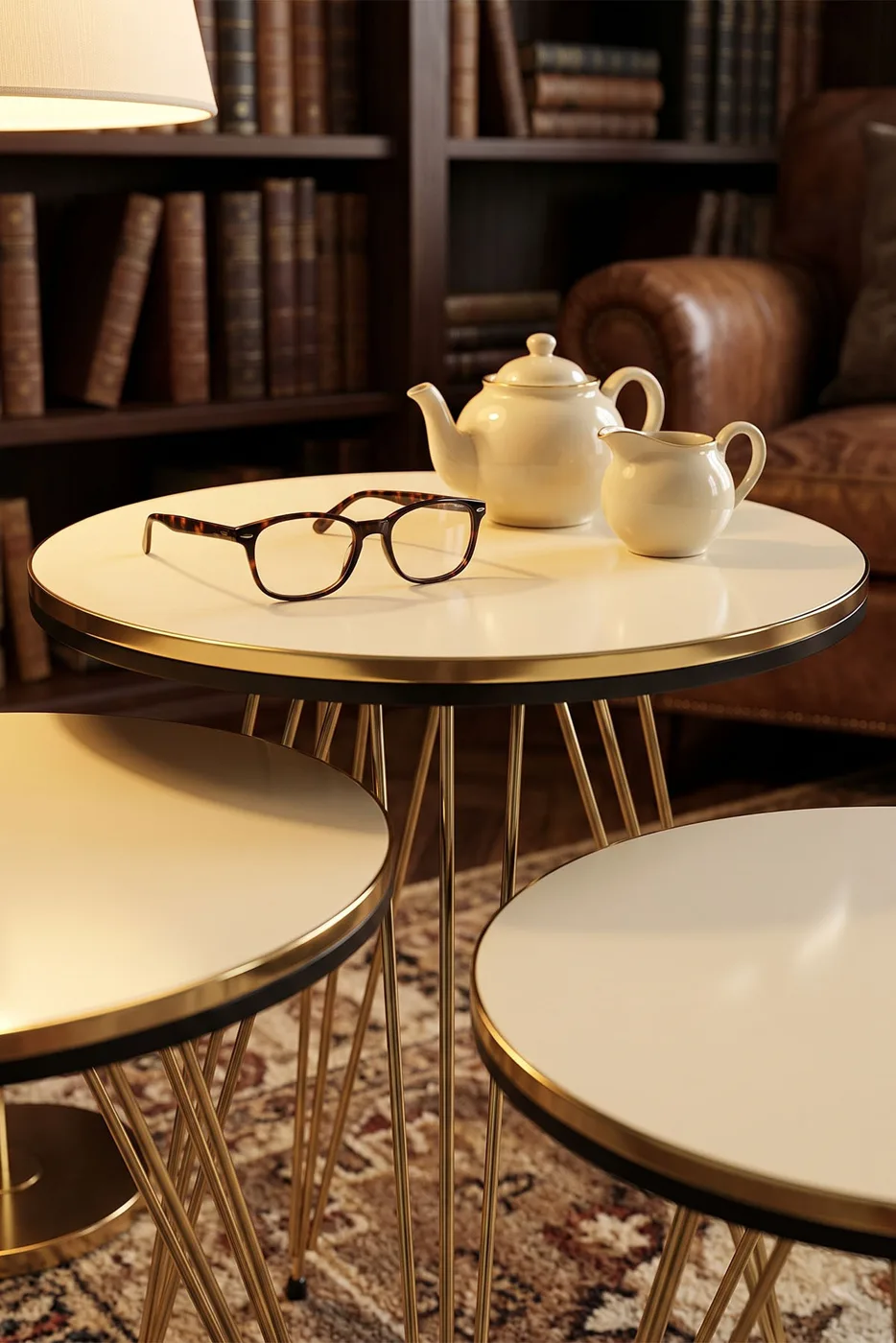 Round Nesting Table Set Gold Wire Legs - Cream