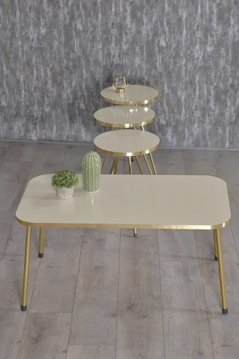 Rectangular Coffee & Nesting Table Set Gold Metal Legs - Cream