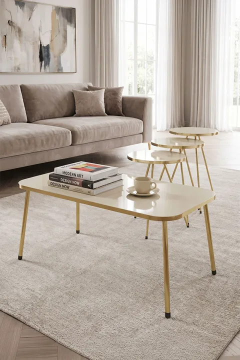 Rectangular Coffee & Nesting Table Set Gold Metal Legs - Cream