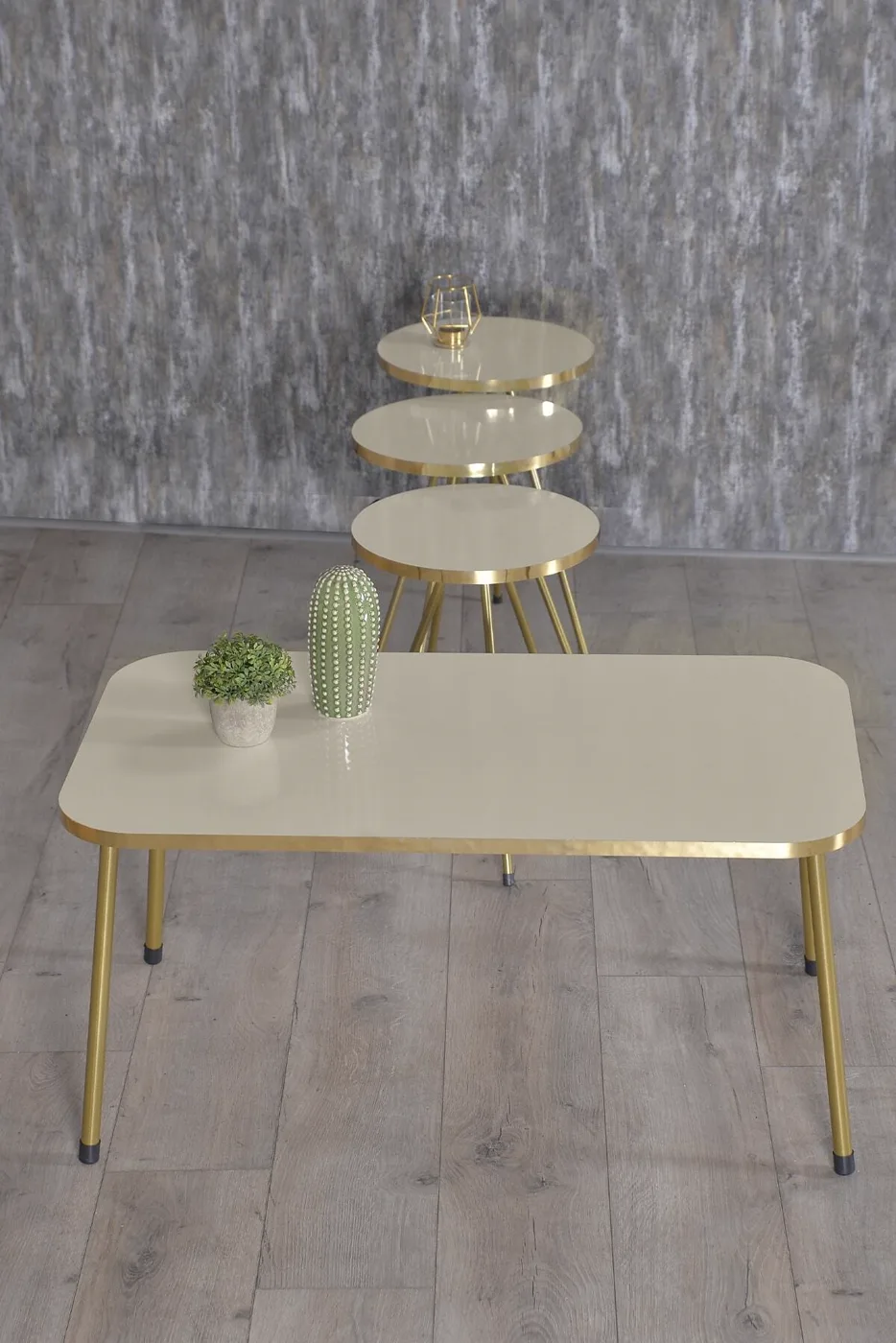 Rectangular Coffee & Nesting Table Set Gold Metal Legs - Cream