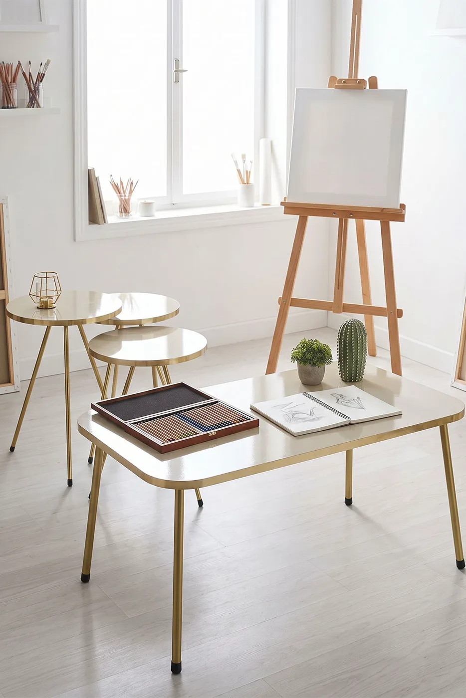 Rectangular Coffee & Nesting Table Set Gold Metal Legs - Cream