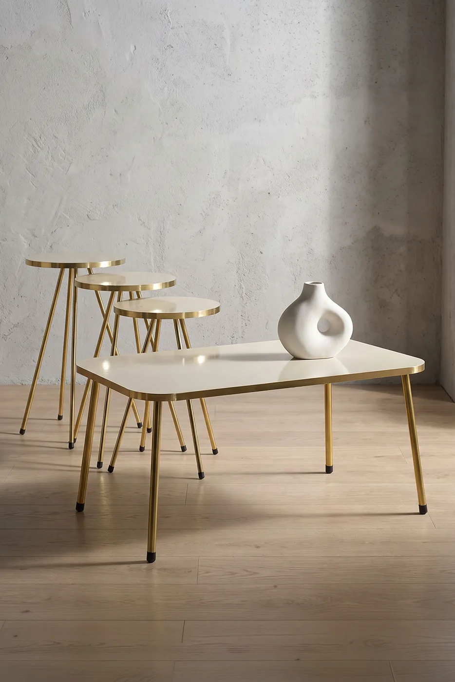 Rectangular Coffee & Nesting Table Set Gold Metal Legs - Cream