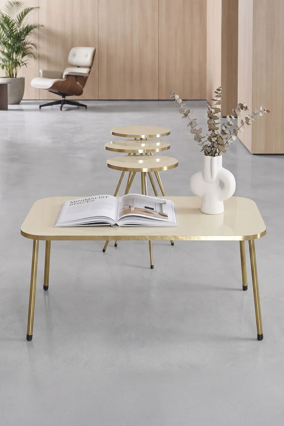 Rectangular Coffee & Nesting Table Set Gold Metal Legs - Cream