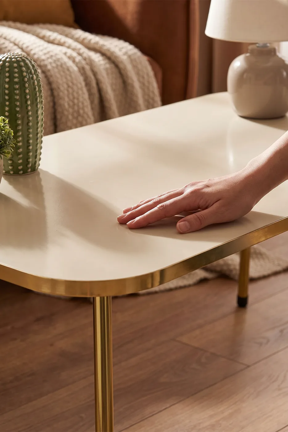Rectangular Coffee & Nesting Table Set Gold Metal Legs - Cream