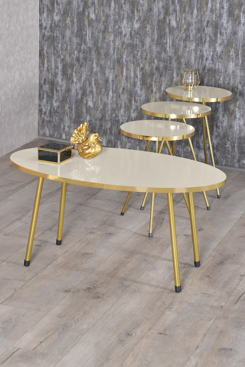Oval Coffee & Nesting Table Set Gold Metal Legs - Cream