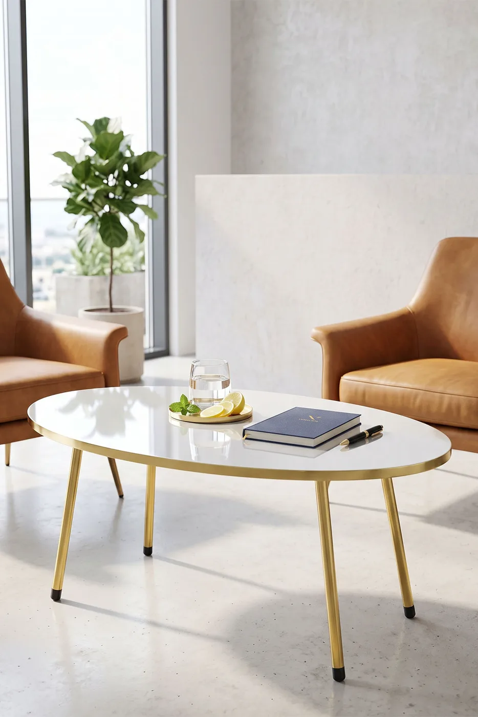 Ovales Couchtisch- & Satztisch-Set mit goldfarbenen Metallbeinen - Creme