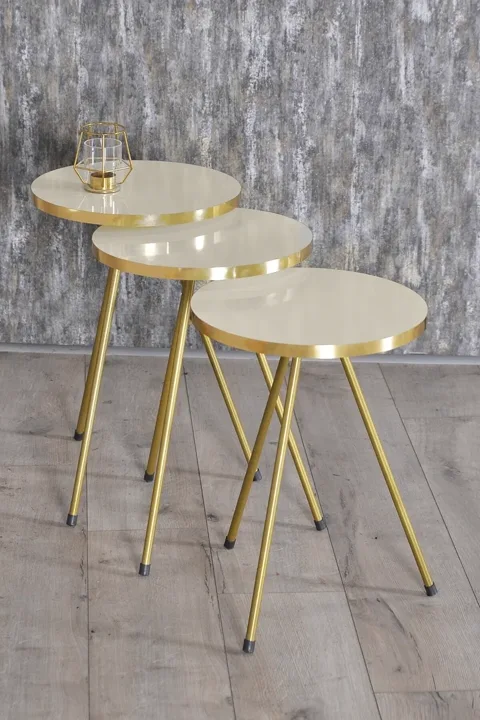 Oval Coffee & Nesting Table Set Gold Metal Legs - Cream