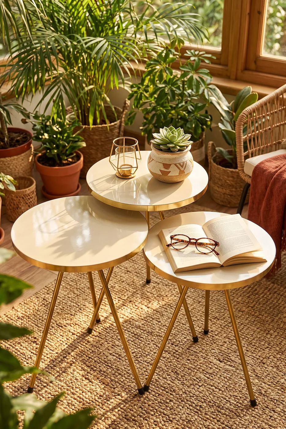 Ovales Couchtisch- & Satztisch-Set mit goldfarbenen Metallbeinen - Creme