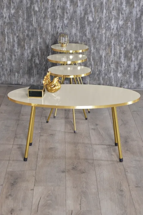 Oval Coffee & Nesting Table Set Gold Metal Legs - Cream