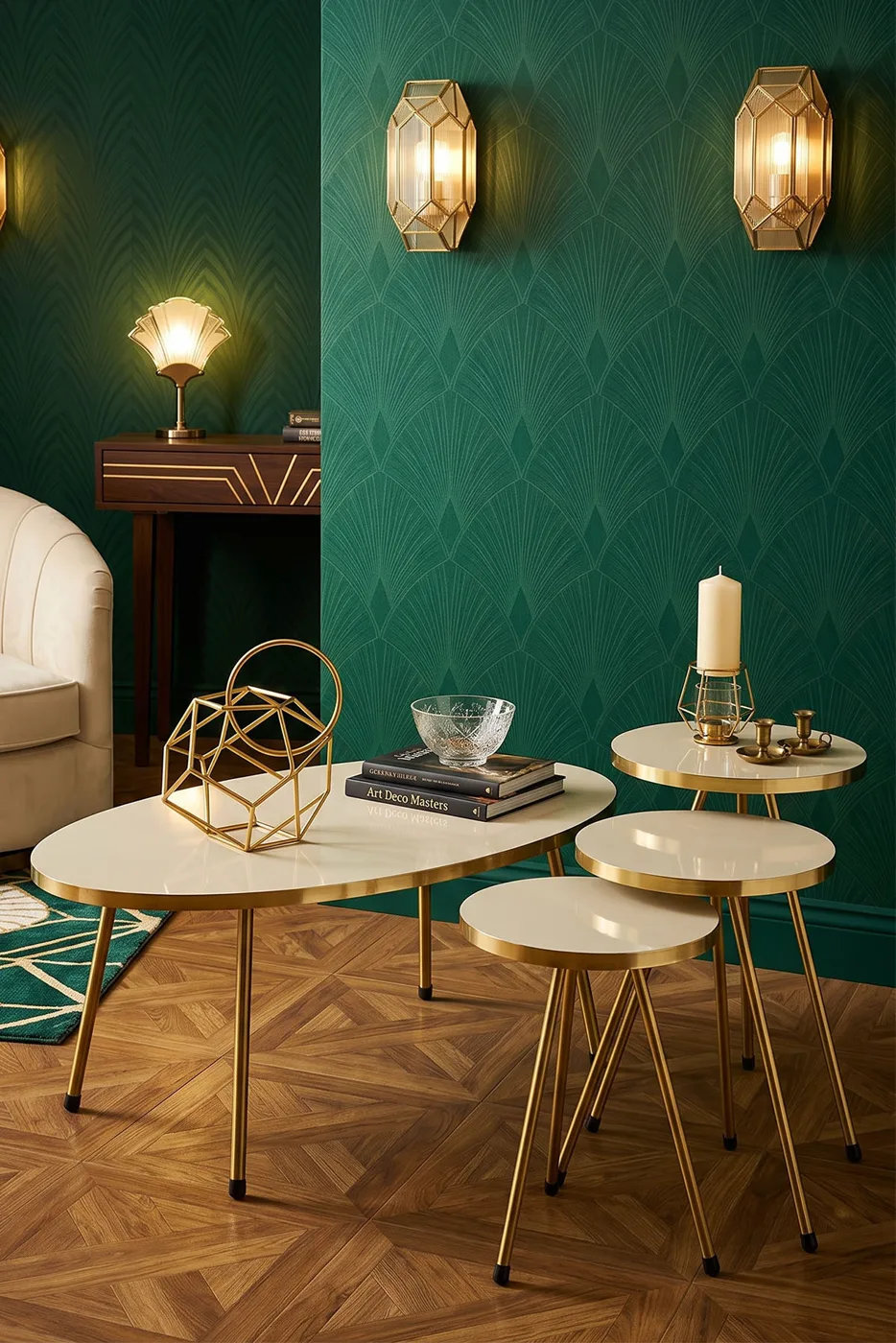 Ovales Couchtisch- & Satztisch-Set mit goldfarbenen Metallbeinen - Creme