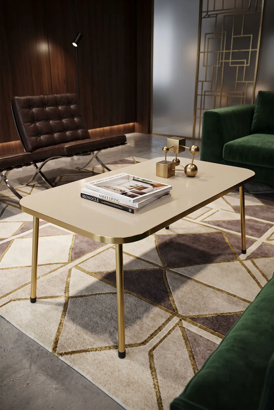 Rectangular Coffee Table Gold Metal Legs - Cream