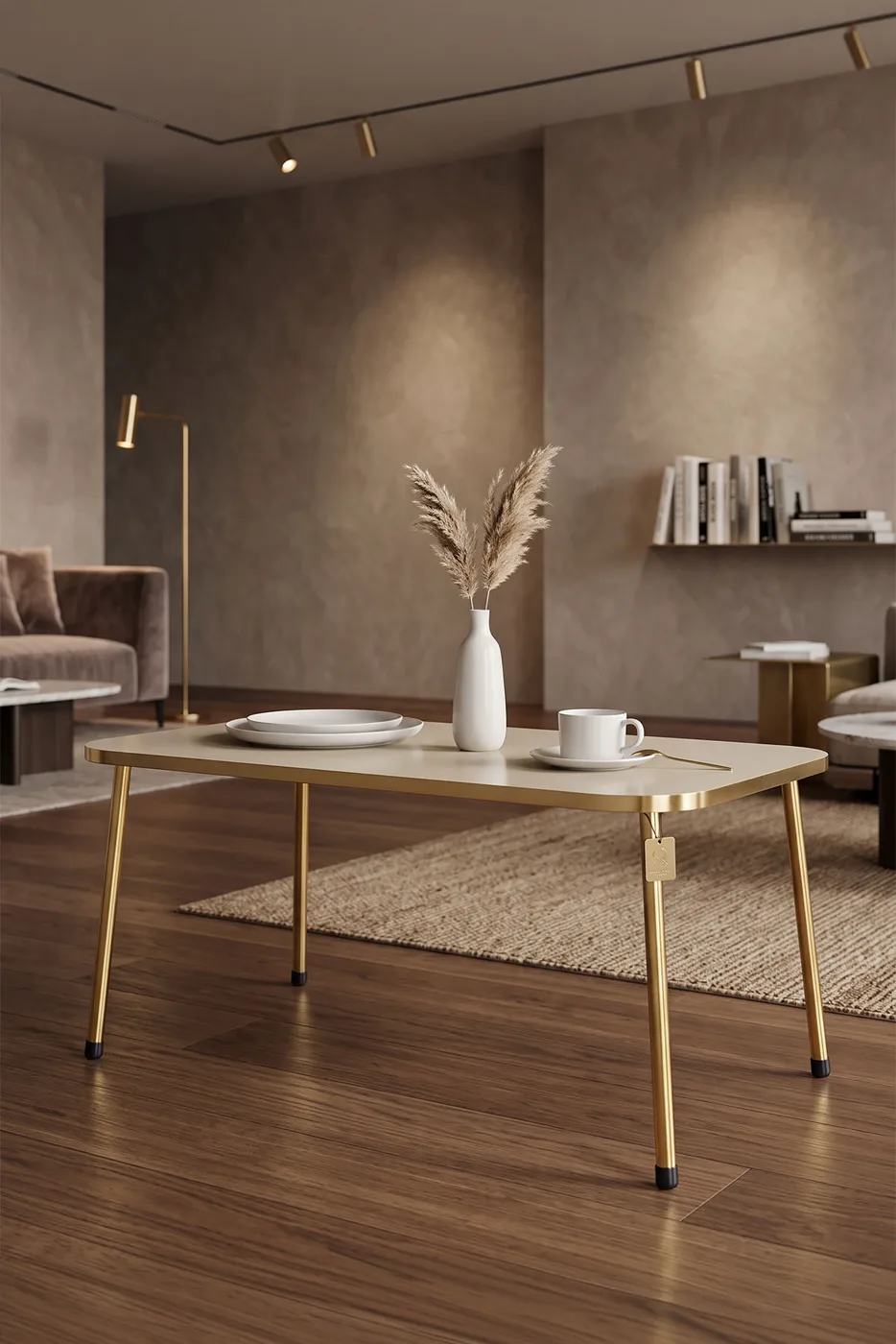 Rectangular Coffee Table Gold Metal Legs - Cream