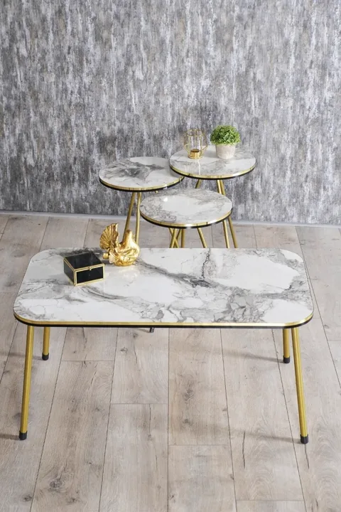 Round Coffee & Nesting Table Set Gold Metal Legs - White Marble Effect