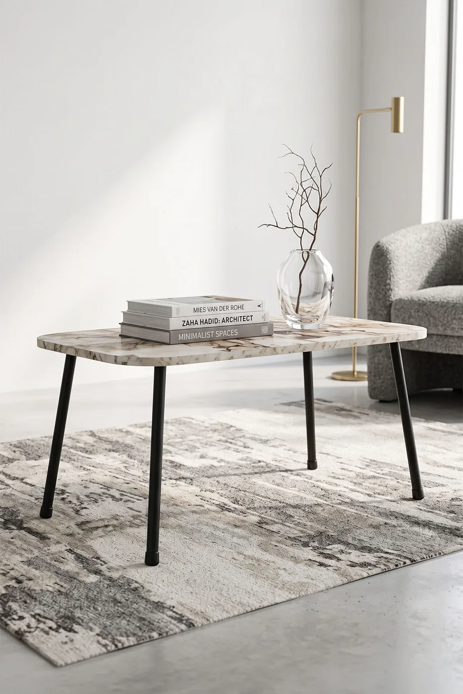 Rectangular Coffee Table Metal Legs - White Marble Effect