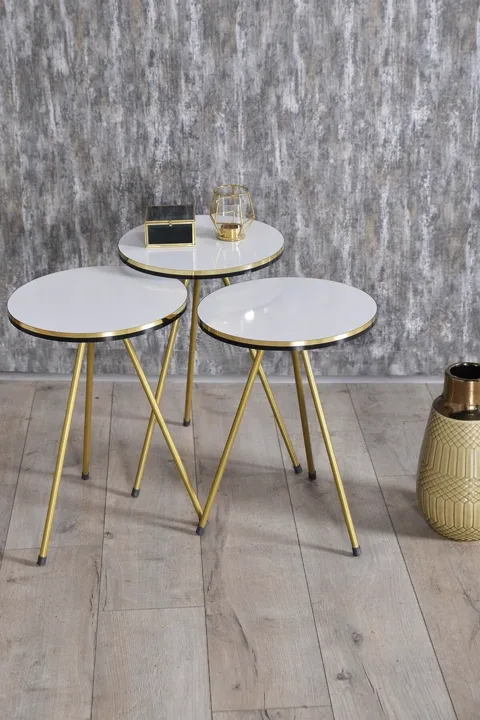 Oval Coffee & Nesting Table Set Gold Metal Legs - White