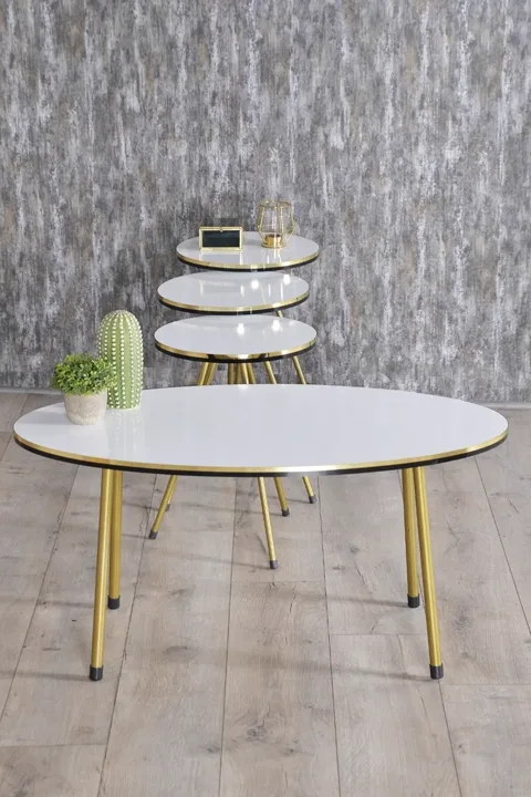 Oval Coffee & Nesting Table Set Gold Metal Legs - White
