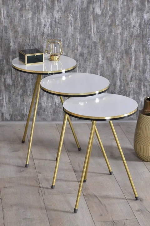 Oval Coffee & Nesting Table Set Gold Metal Legs - White